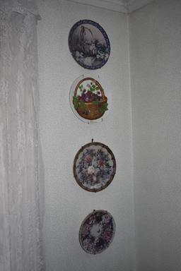 3 john deere plates, group of plates on sill, other plates, decorative wall hanger