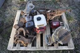 Pallet with Excavator Coupler, Chains, Honda Engine, Buzz Saw, Misc