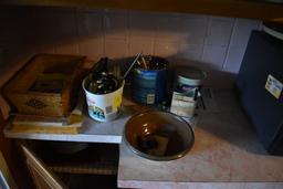 Contents Of counter including pens and headlamp a 2013 CS Amman Hand crafted pottery