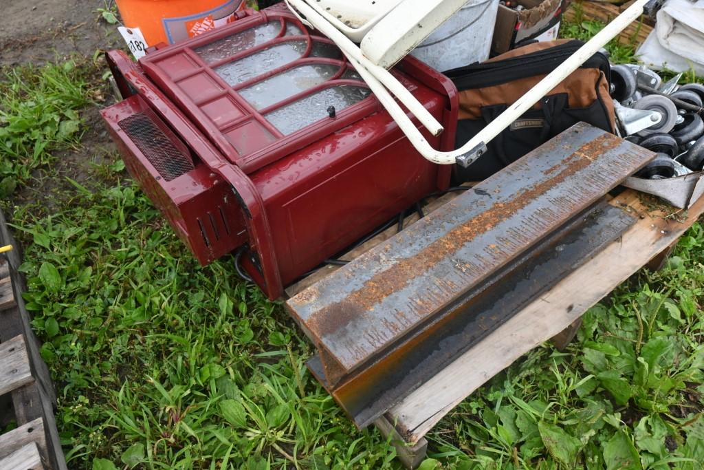 Pallet with I Beam, Step Stool, Heater,