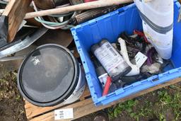 Pallet with Honda Motor, Saw Horses, Hardware, Hoe