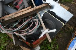 Pallet with Honda Motor, Saw Horses, Hardware, Hoe