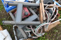 Pallet with Honda Motor, Saw Horses, Hardware, Hoe