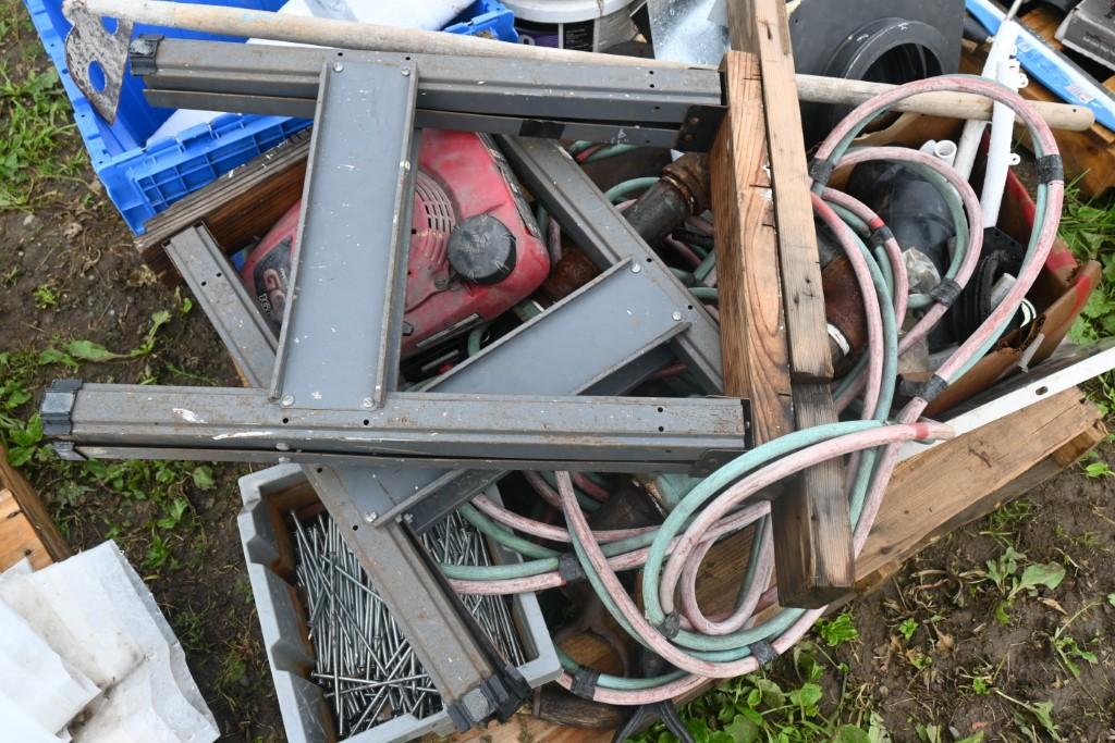 Pallet with Honda Motor, Saw Horses, Hardware, Hoe