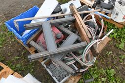 Pallet with Honda Motor, Saw Horses, Hardware, Hoe