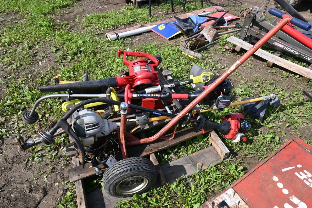 Large Group of Weed Wackers, Trailer Mover, Jack And Jack Stand