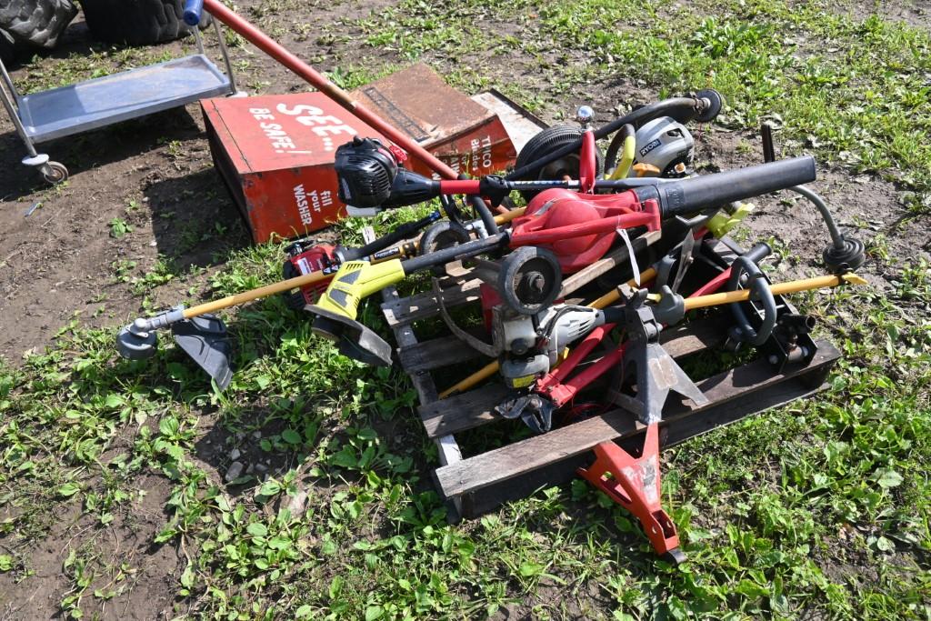 Large Group of Weed Wackers, Trailer Mover, Jack And Jack Stand