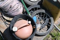 2 Gas Cans, Tires, Feed Buckets, Wire, Umbrella Frame