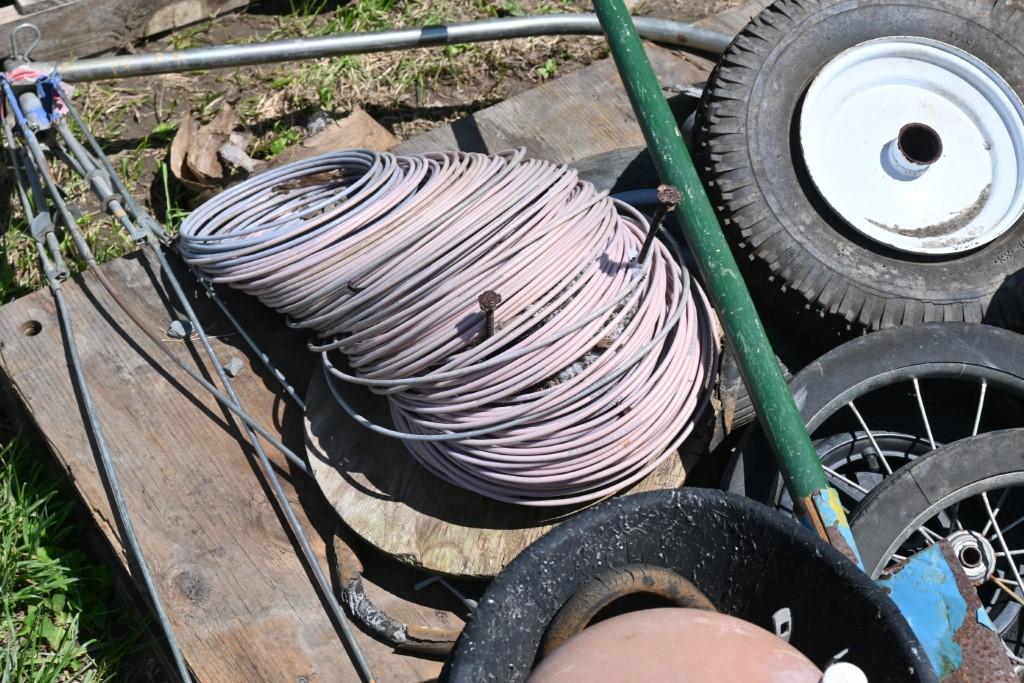 2 Gas Cans, Tires, Feed Buckets, Wire, Umbrella Frame