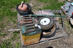 2 Gas Cans, Tires, Feed Buckets, Wire, Umbrella Frame