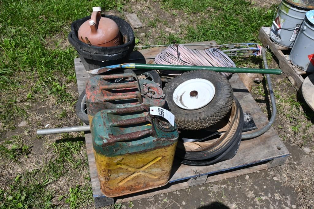 2 Gas Cans, Tires, Feed Buckets, Wire, Umbrella Frame