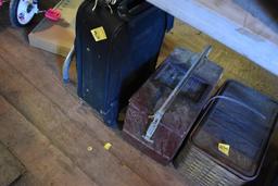 Suitcase and Group of Metal Picnic Baskets