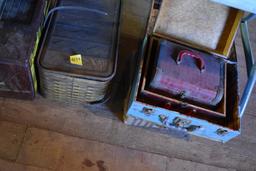 Suitcase and Group of Metal Picnic Baskets
