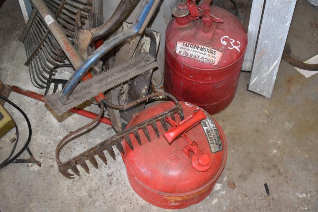 Group of Yard Tools and Gas Cans