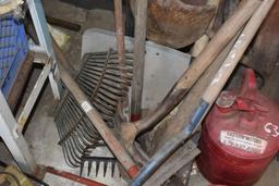 Group of Yard Tools and Gas Cans