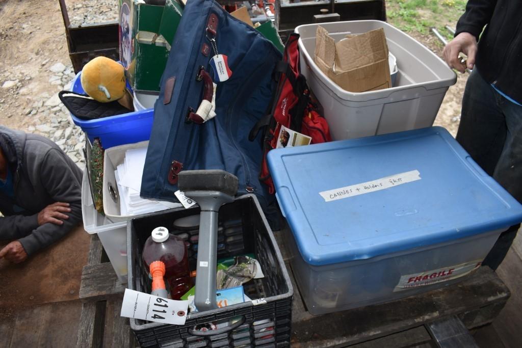 Pallet with tote of Holiday Décor, Marlboro Bag, Travel Bag