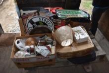 Pallet with Seashore Deco, Box of Signs, Strainer Pot