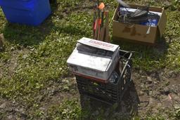 Milk Crate with Fishing Tip Ups and Misc Hardware