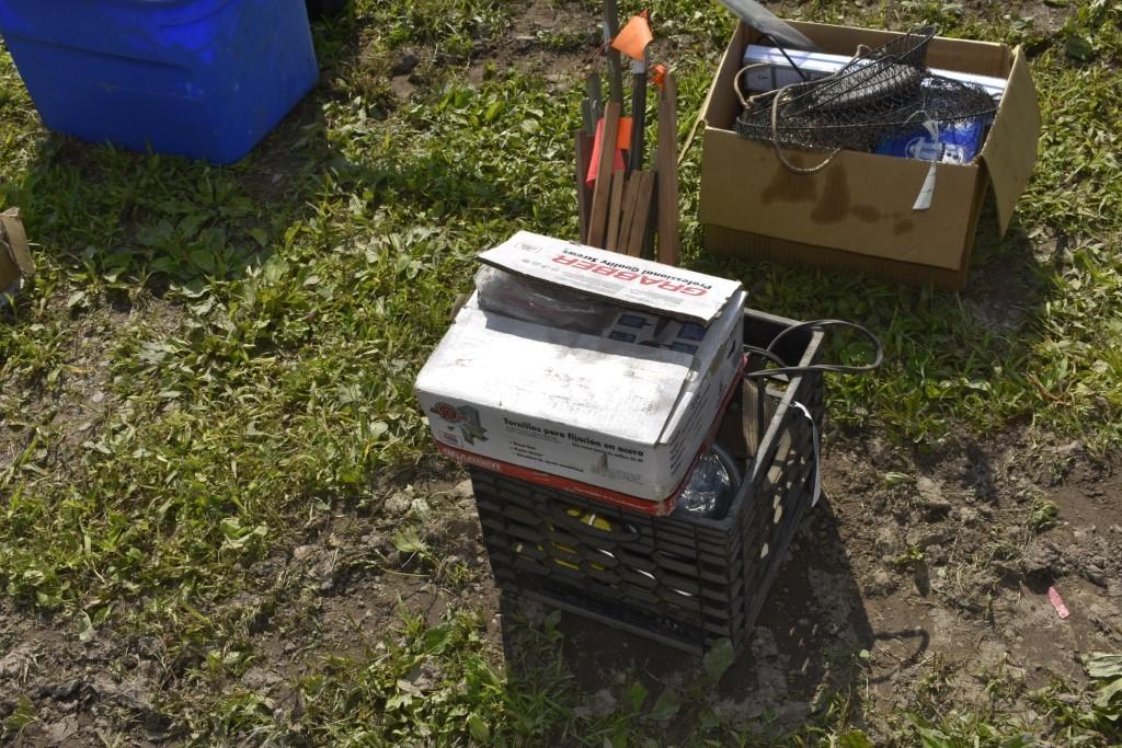 Milk Crate with Fishing Tip Ups and Misc Hardware