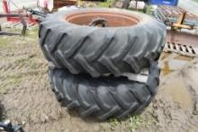 Pair of Good Year 18.4-38 Tractor Tires on Rims With Dual Wheel Spacers