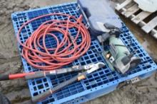 Pallet with Air hose, Pruners, Bench Vise, Lincoln Grease Gun