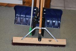 Push Broom, Truper Post Hole Digger, Snow Shovel, and Grabber