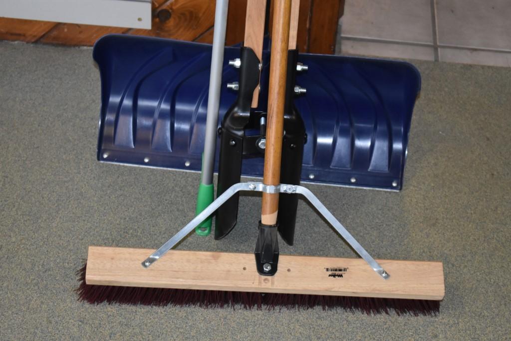 Push Broom, Truper Post Hole Digger, Snow Shovel, and Grabber