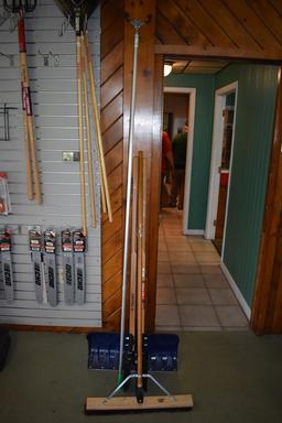 Push Broom, Truper Post Hole Digger, Snow Shovel, and Grabber