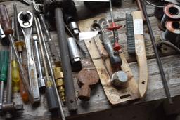 Wooden Work Bench With Contents