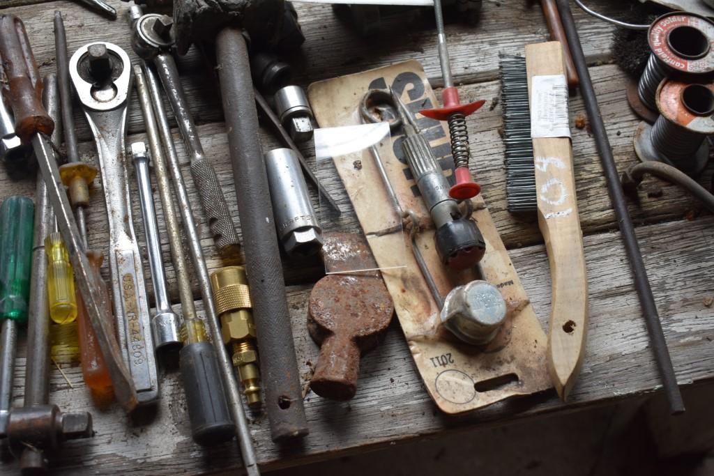 Wooden Work Bench With Contents