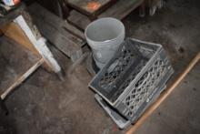 Group of Buckets, milk crate and Wooden Step Stool