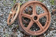 2 Antique Steel Wheels and Small Wheel  Crank