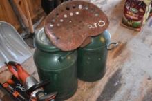 2 Green Milk Can with Antique Tractor Seat