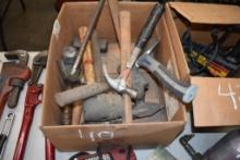 Box of small Sledge Hammers, Claw Hammers and Kobalt Hatchet