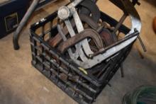 Milk Crate With Large Quantity of Assorted C-Clamps and Main Part of Strut Compressor