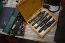 Wooden Box of Large Drill Bits  and Metal Box of Chuck Pieces