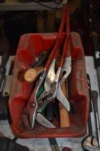 Red Bin of Large Assortment of Hammers, Pliers, Crescent Wrench and Snips