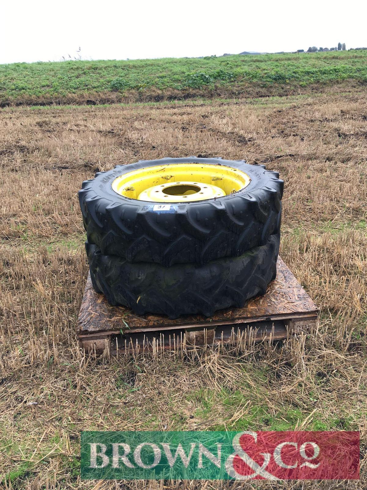 Pair Kleber11.2R28 front narrow wheels and tyres on John Deere rims