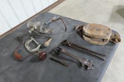 BOX OF ASSORTED TOOLS- SMALL C CLAMP, MEAT GRINDER