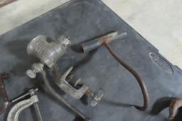 BOX OF ASSORTED TOOLS- SMALL C CLAMP, MEAT GRINDER