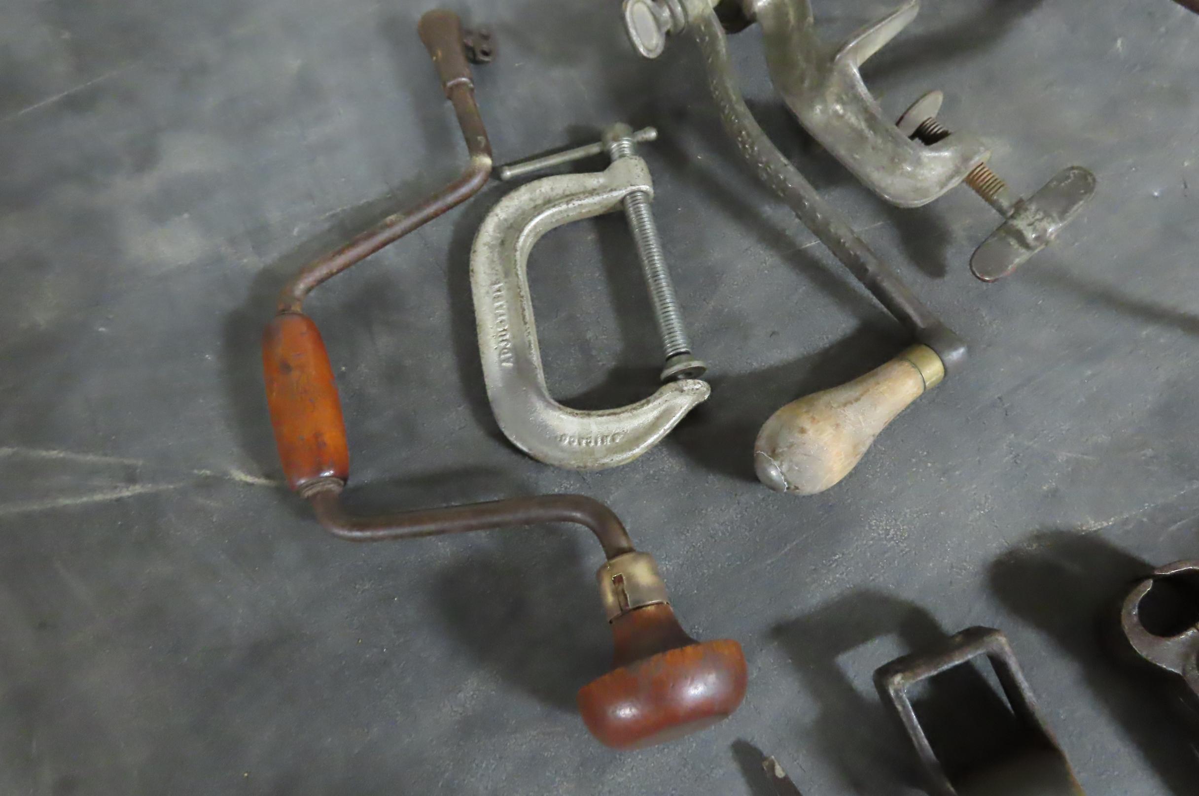 BOX OF ASSORTED TOOLS- SMALL C CLAMP, MEAT GRINDER