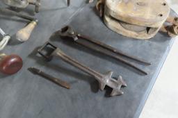 BOX OF ASSORTED TOOLS- SMALL C CLAMP, MEAT GRINDER