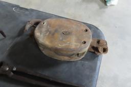 BOX OF ASSORTED TOOLS- SMALL C CLAMP, MEAT GRINDER