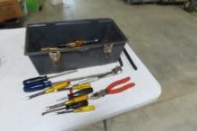 STACK ON PLASTIC TOOL BOX WITH CONTENTS, RATCHET,