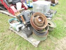 PALLET MISC- RIMS, STOVE PIPE, GAS CAN & MORE