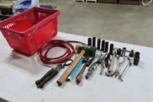GROUP OF TOOLS- SOCKETS, SHORT AIR HOSE, MALLET