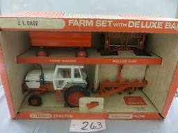 Ertl J. I. Case Farm Set w/deluxe barn w/2390 Case tractor wagon, disc, plow