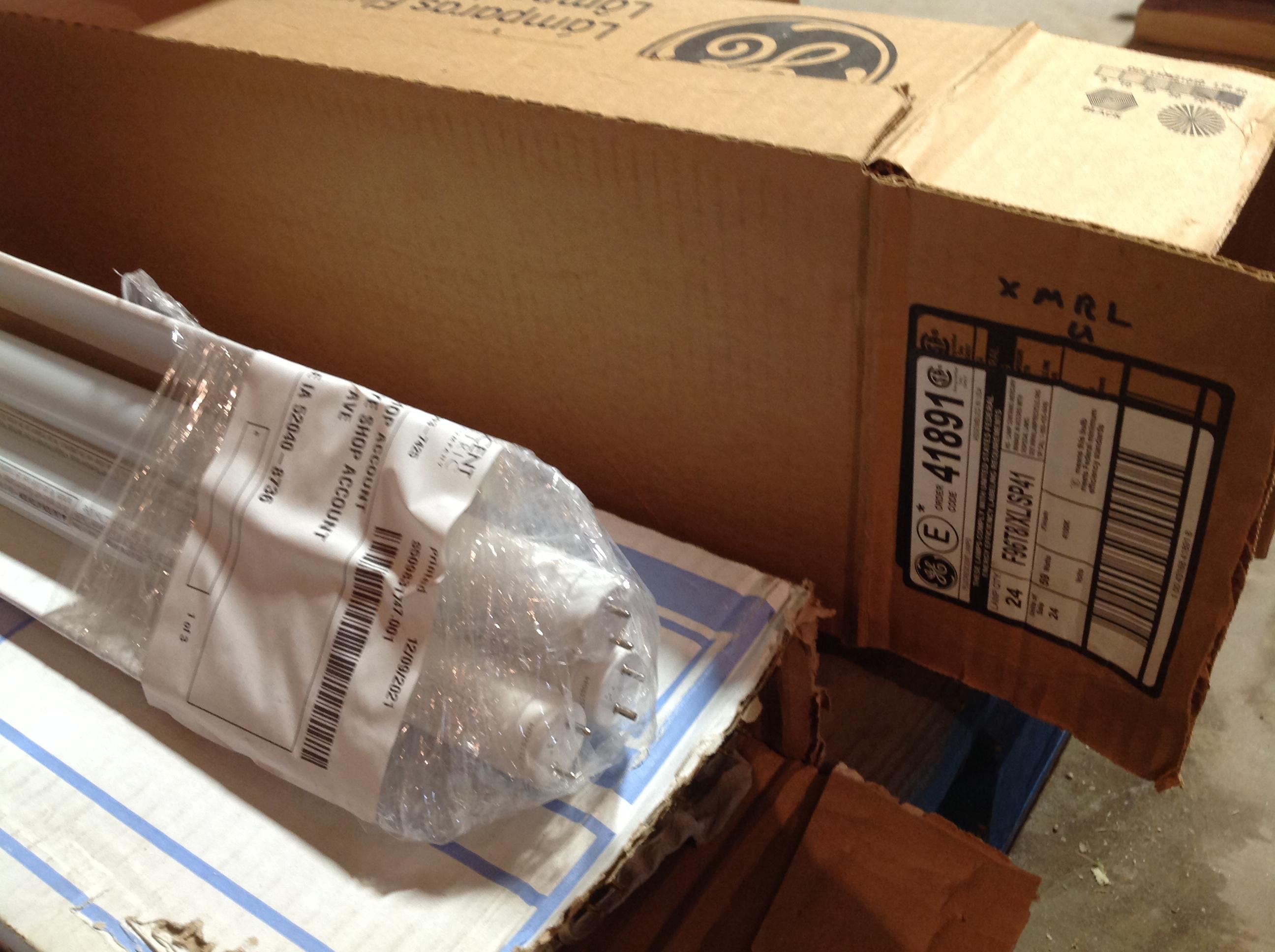 Must pick up  12-T8 4' florescent, 4 T12 4' florescent, 3 - 4' TA LED, 4 - 14 watt T12 fl