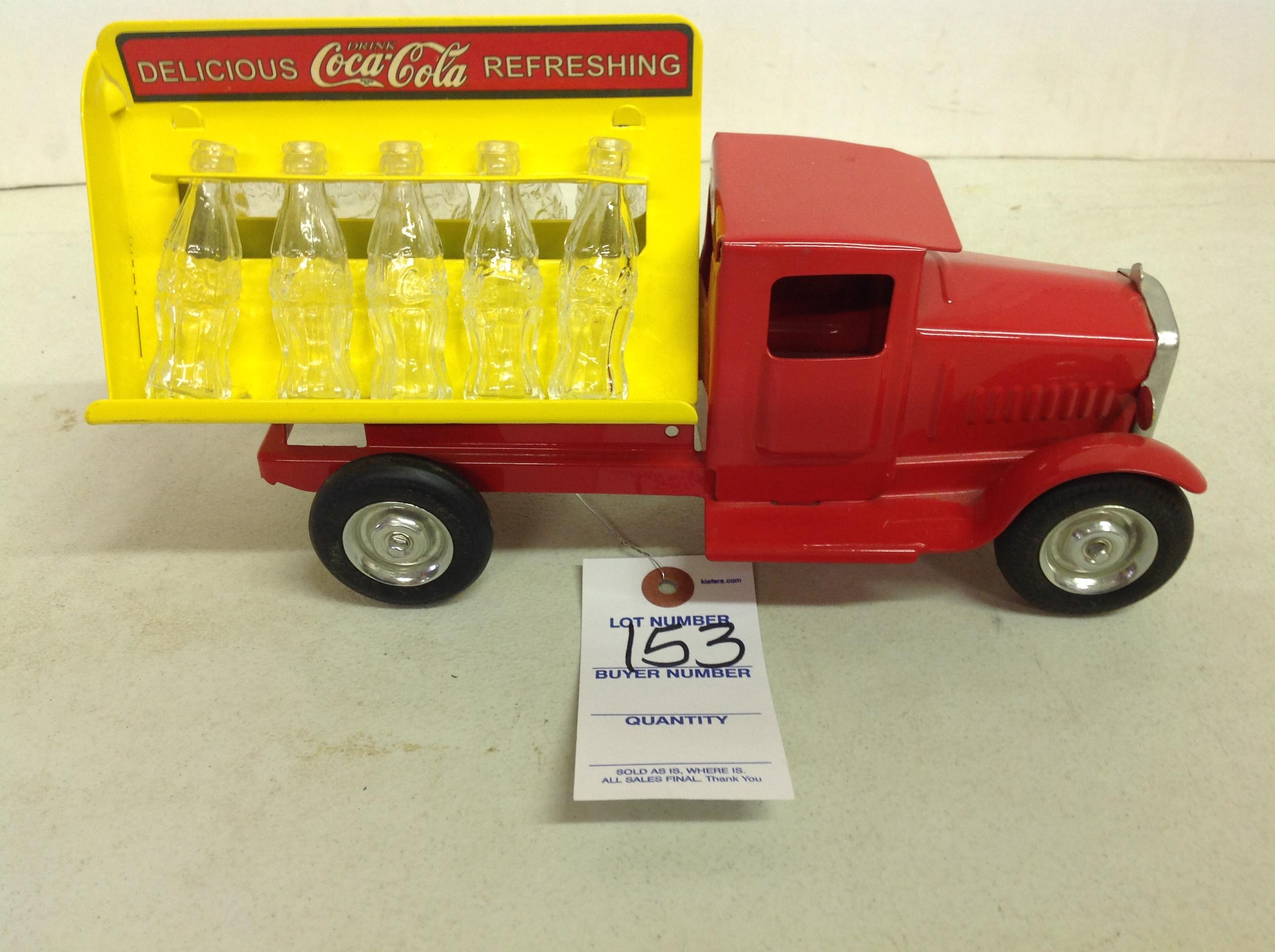Coca Cola Metal Red and Yellow Delivery Truck w/clear bottles