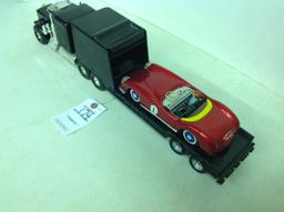 Ertl, Peterbilt car hauler w/Vintage Early Latta Frizione Racing Tin Toy Sp